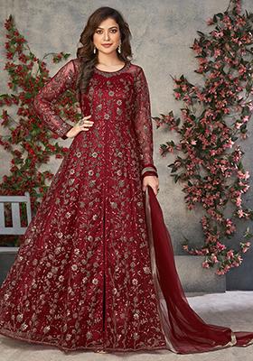 Maroon Embroidered Net Anarkali Set