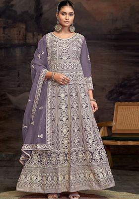 Purple Embroidered Net Anarkali Set