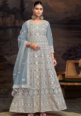 Light Blue Embroidered Net Anarkali Set