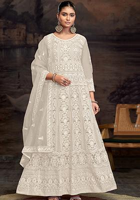 Off White Embroidered Net Anarkali Set