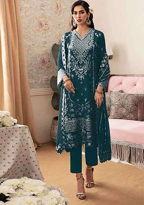 Dark Teal Blue Embroidered Georgette Pakistani Salwar Kameez