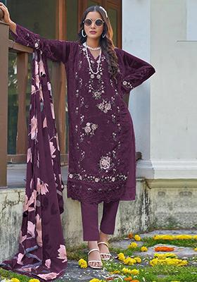 Wine Embroidered Georgette Pakistani Salwar Kameez