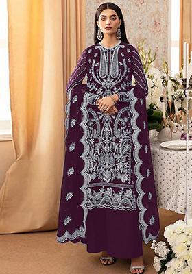 Wine Embroidered Georgette Pakistani Salwar Kameez