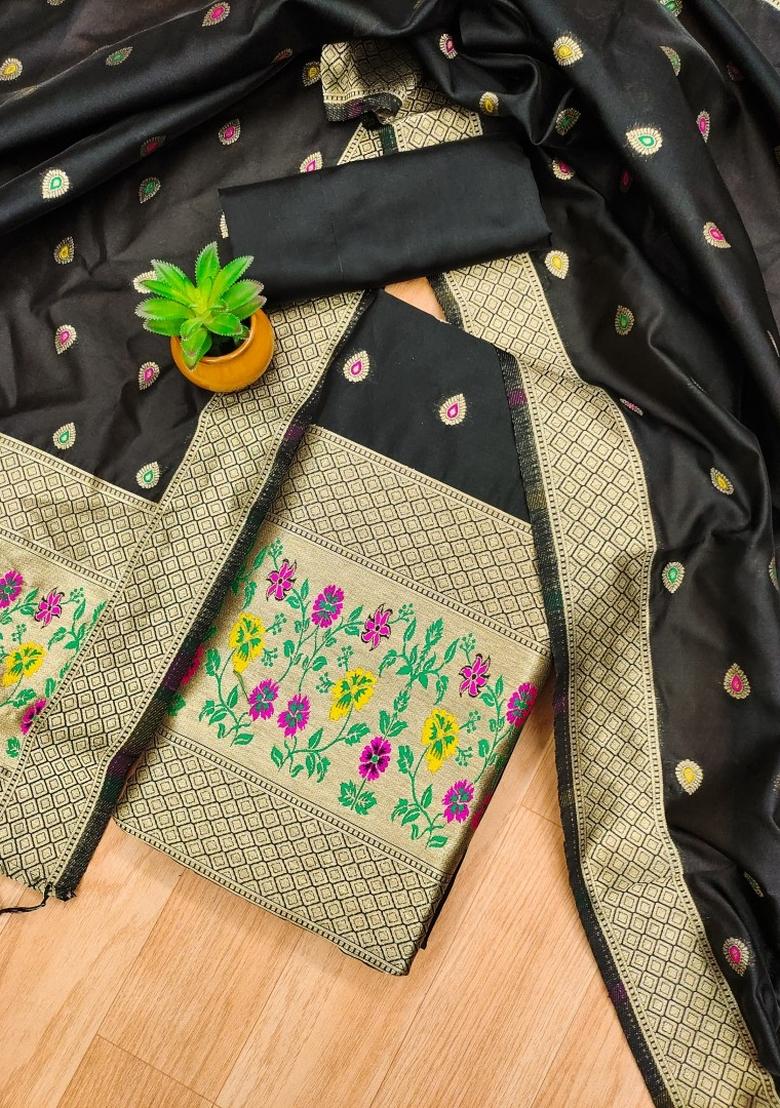 Black Woven Silk Dress Material - Indya