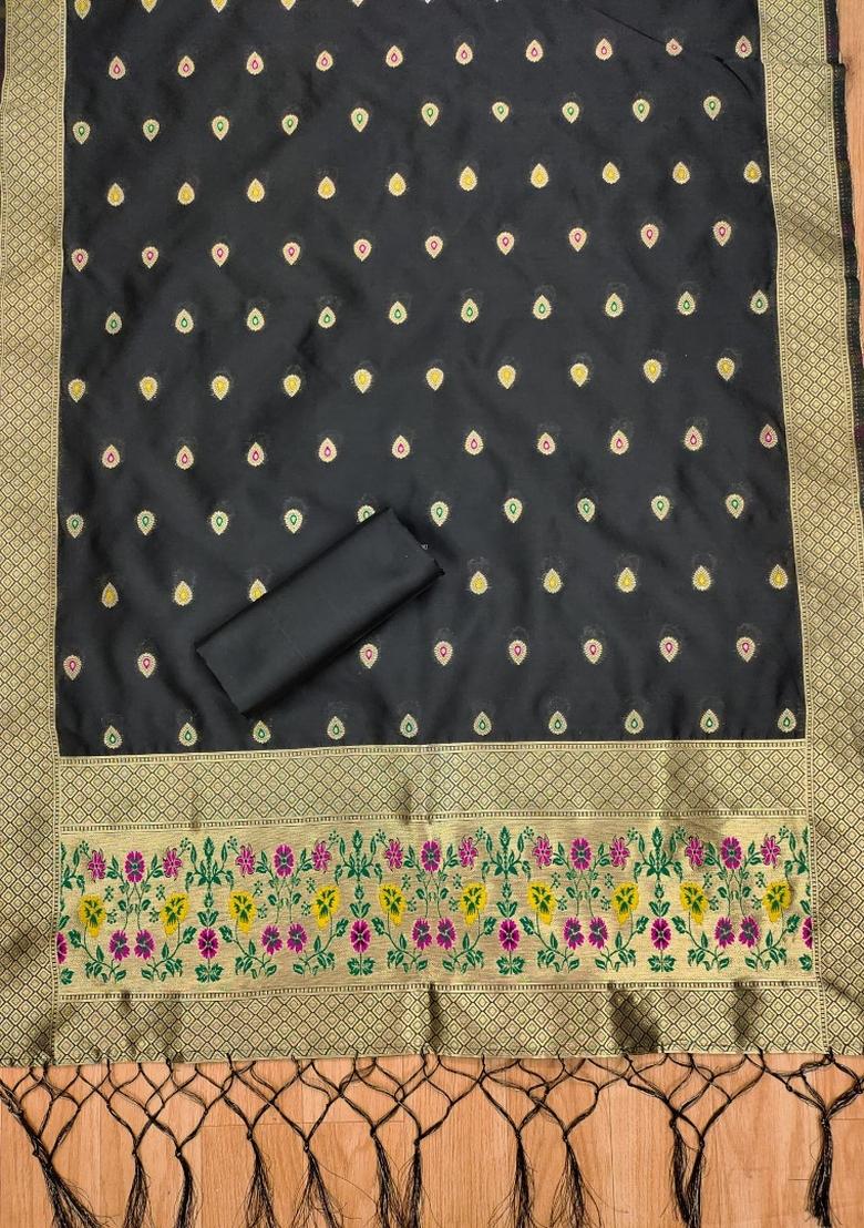 Black Woven Silk Dress Material - Indya