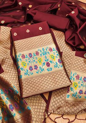 Maroon Woven Silk Dress Material
