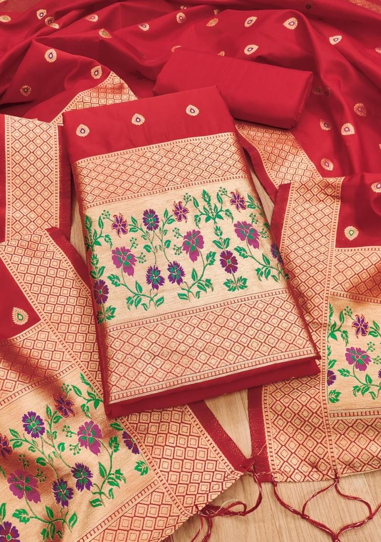 Red Woven Silk Dress Material