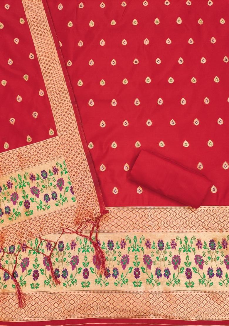 Red Woven Silk Dress Material