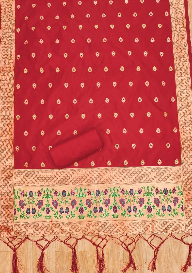 Red Woven Silk Dress Material