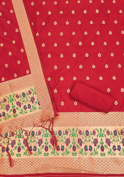 Red Woven Silk Dress Material