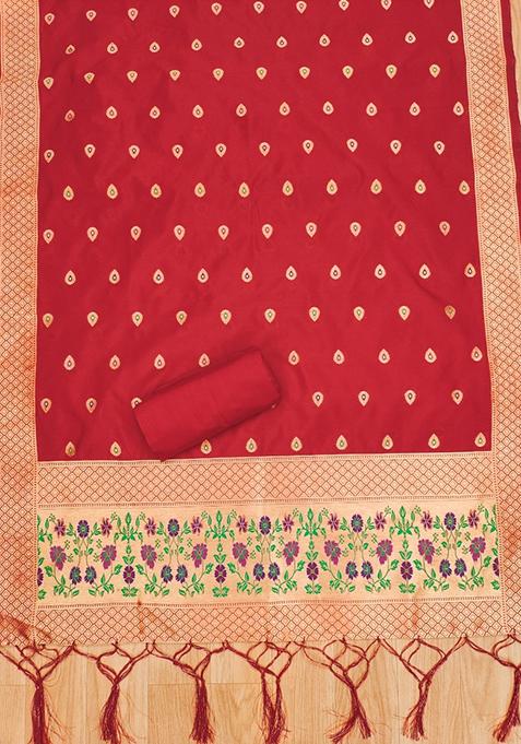 Red Woven Silk Dress Material