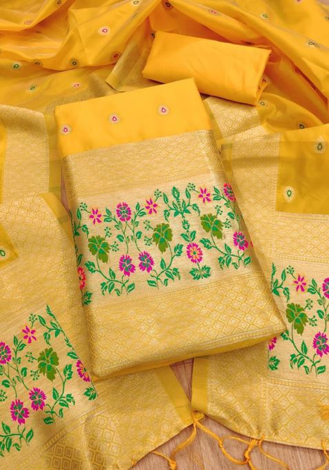 Yellow Woven Silk Dress Material