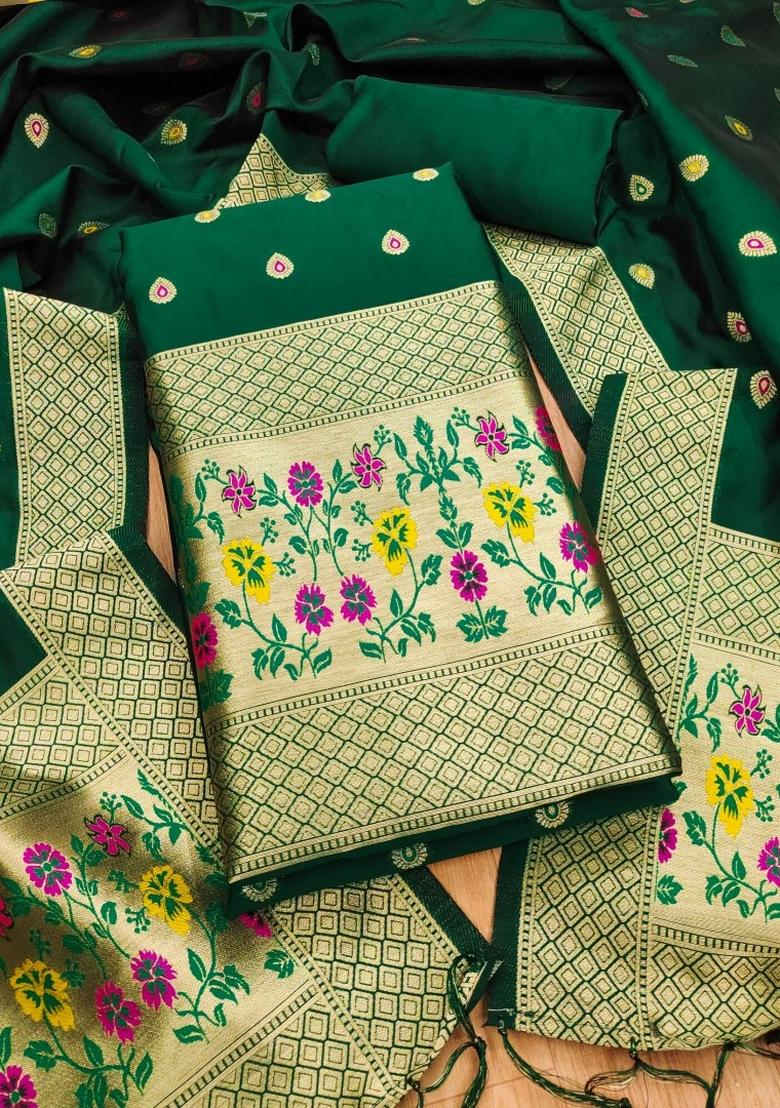 Green Woven Silk Dress Material