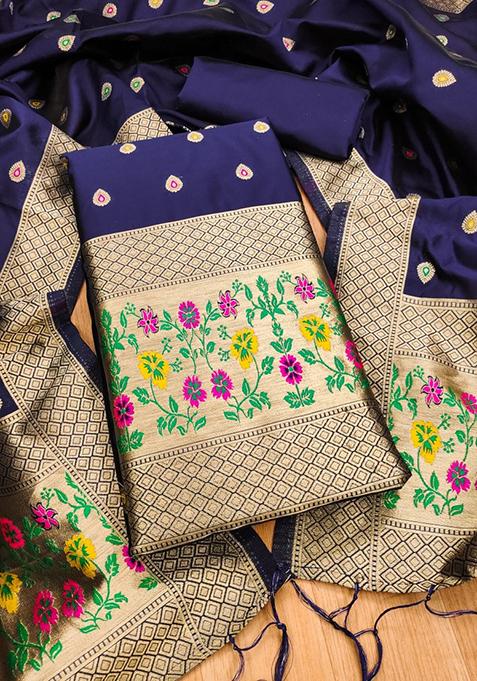 Blue Woven Silk Dress Material