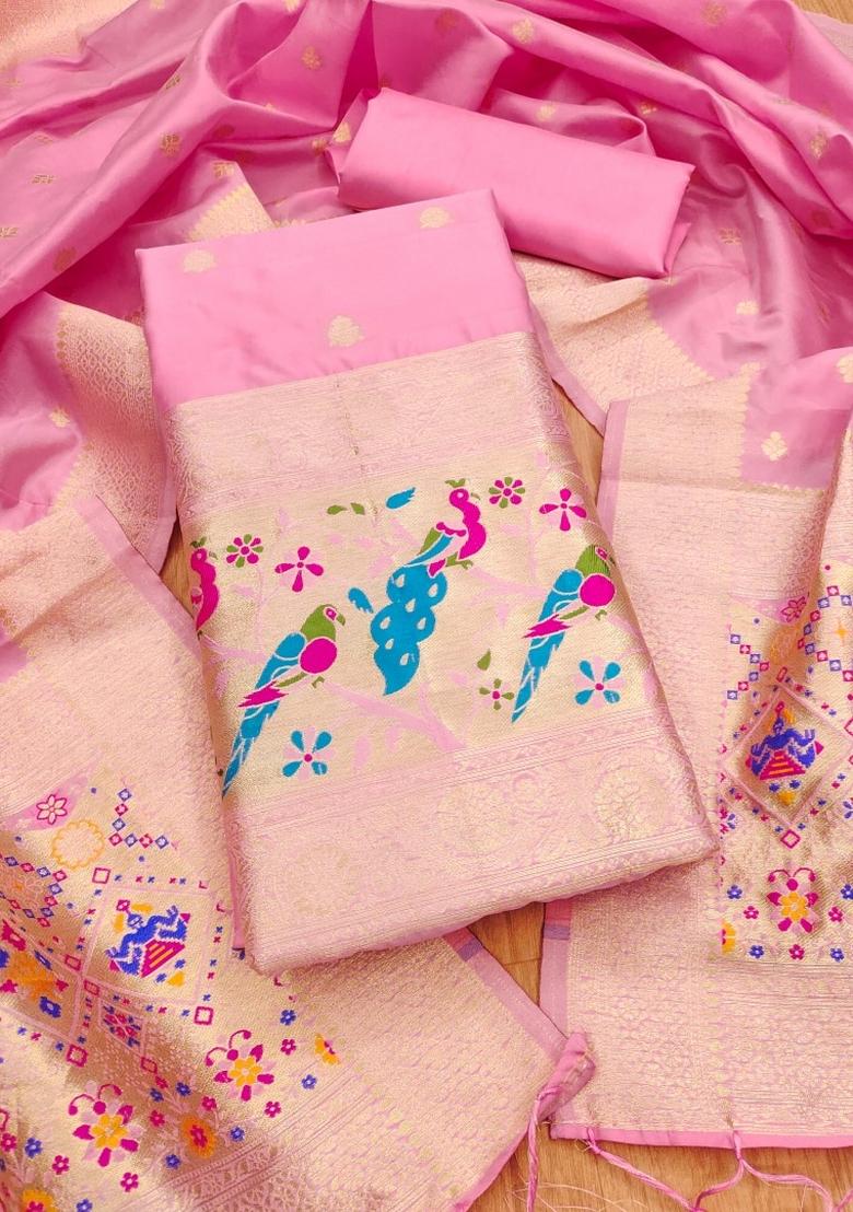 Pink Woven Silk Dress Material