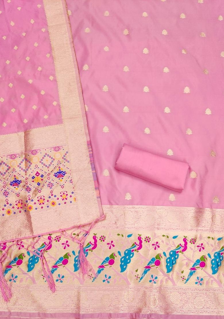 Pink Woven Silk Dress Material