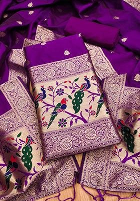 Purple Woven Silk Dress Material