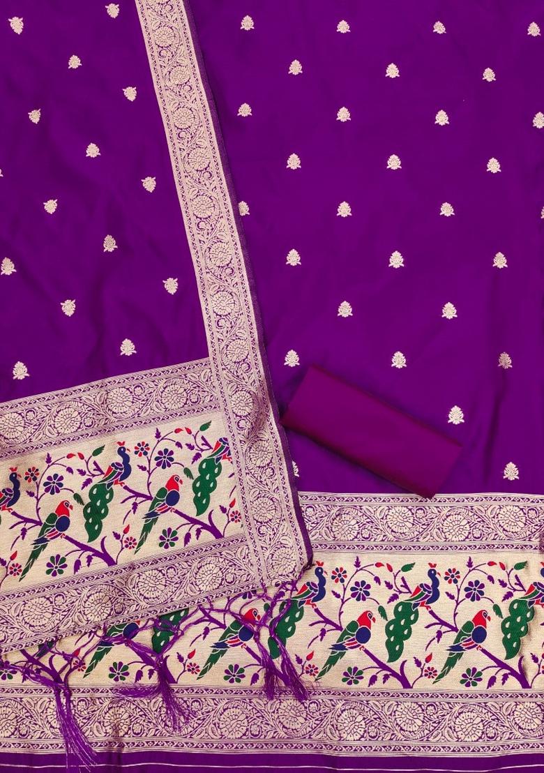 Purple Woven Silk Dress Material