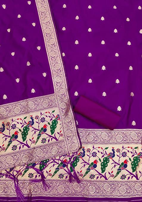 Purple Woven Silk Dress Material