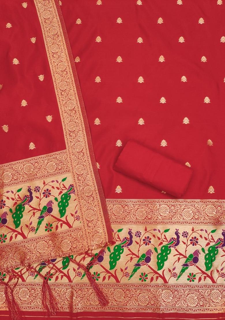 Red Woven Silk Dress Material