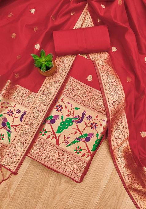 Red Woven Silk Dress Material