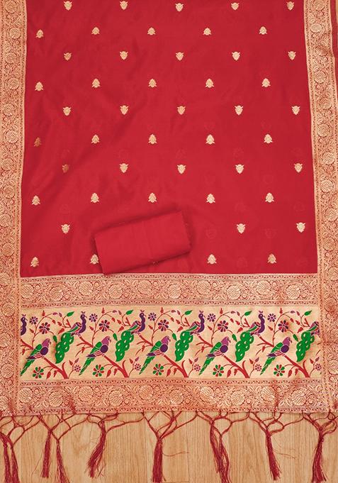 Red Woven Silk Dress Material