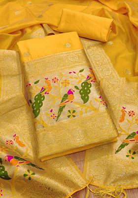 Yellow Woven Silk Dress Material