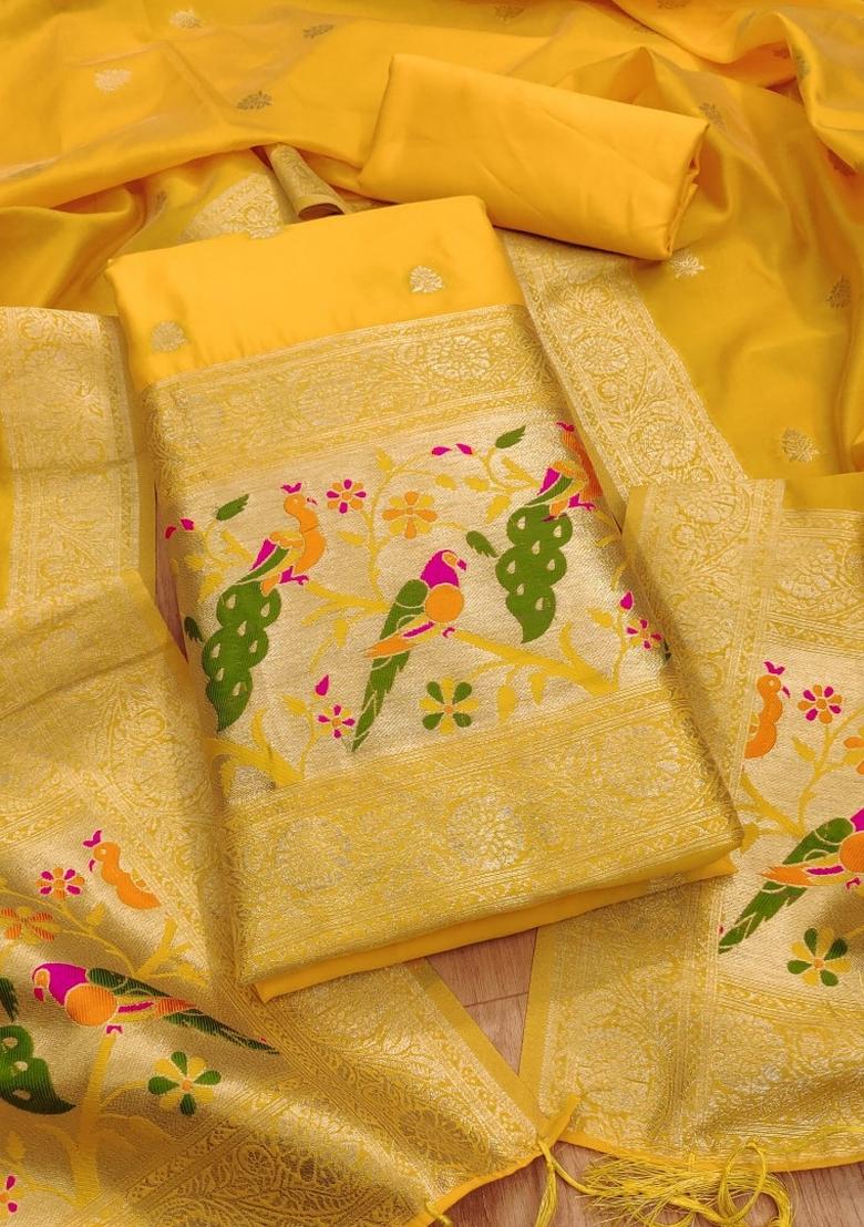 Yellow Woven Silk Dress Material
