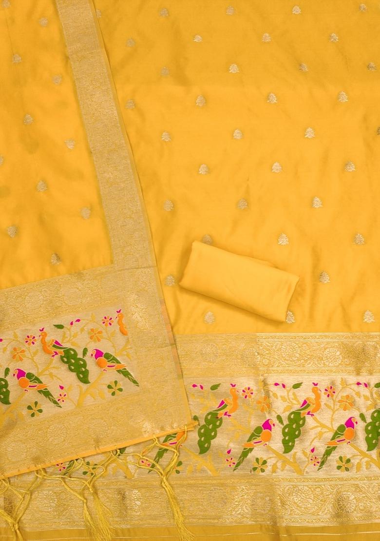 Yellow Woven Silk Dress Material