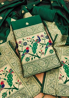 Green Woven Silk Dress Material