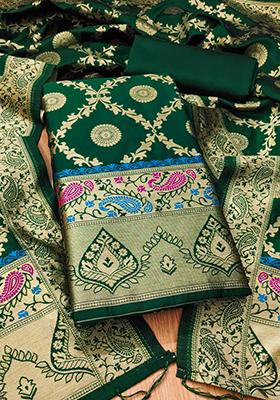 Green Woven Silk Dress Material