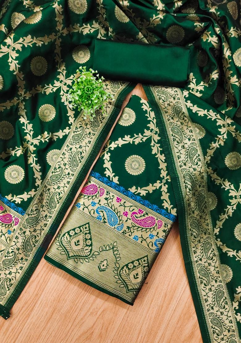 Green Woven Silk Dress Material