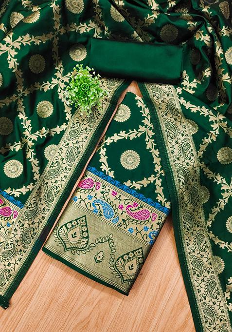 Green Woven Silk Dress Material