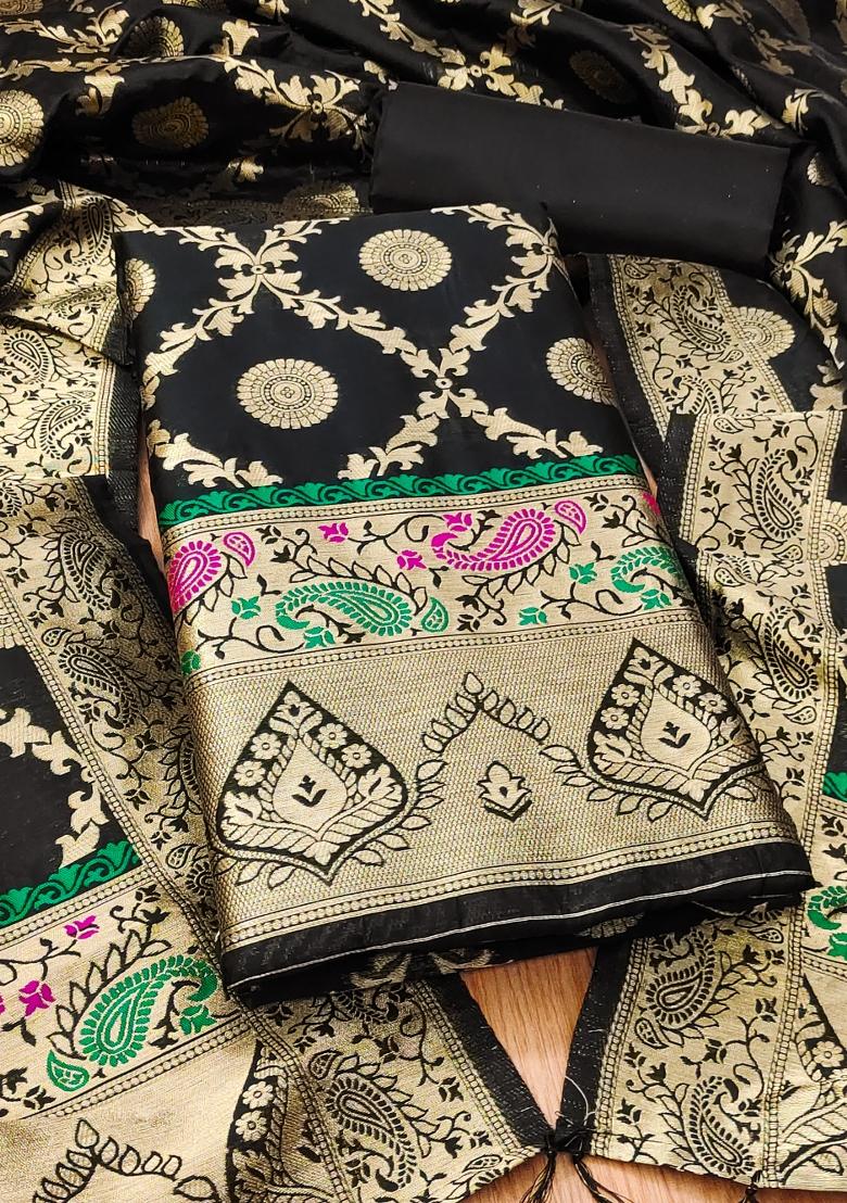 Black Woven Silk Dress Material