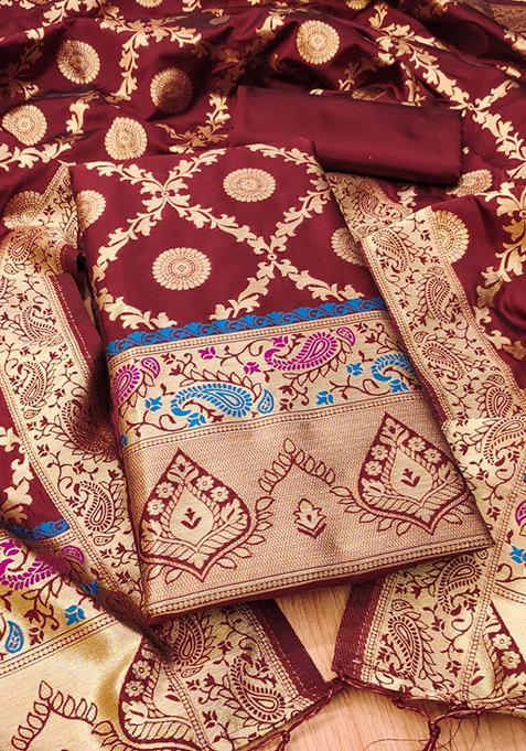 Maroon Woven Silk Dress Material