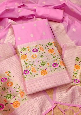 Pink Woven Silk Dress Material