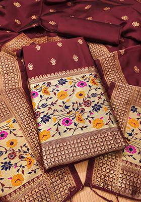Maroon Woven Silk Dress Material