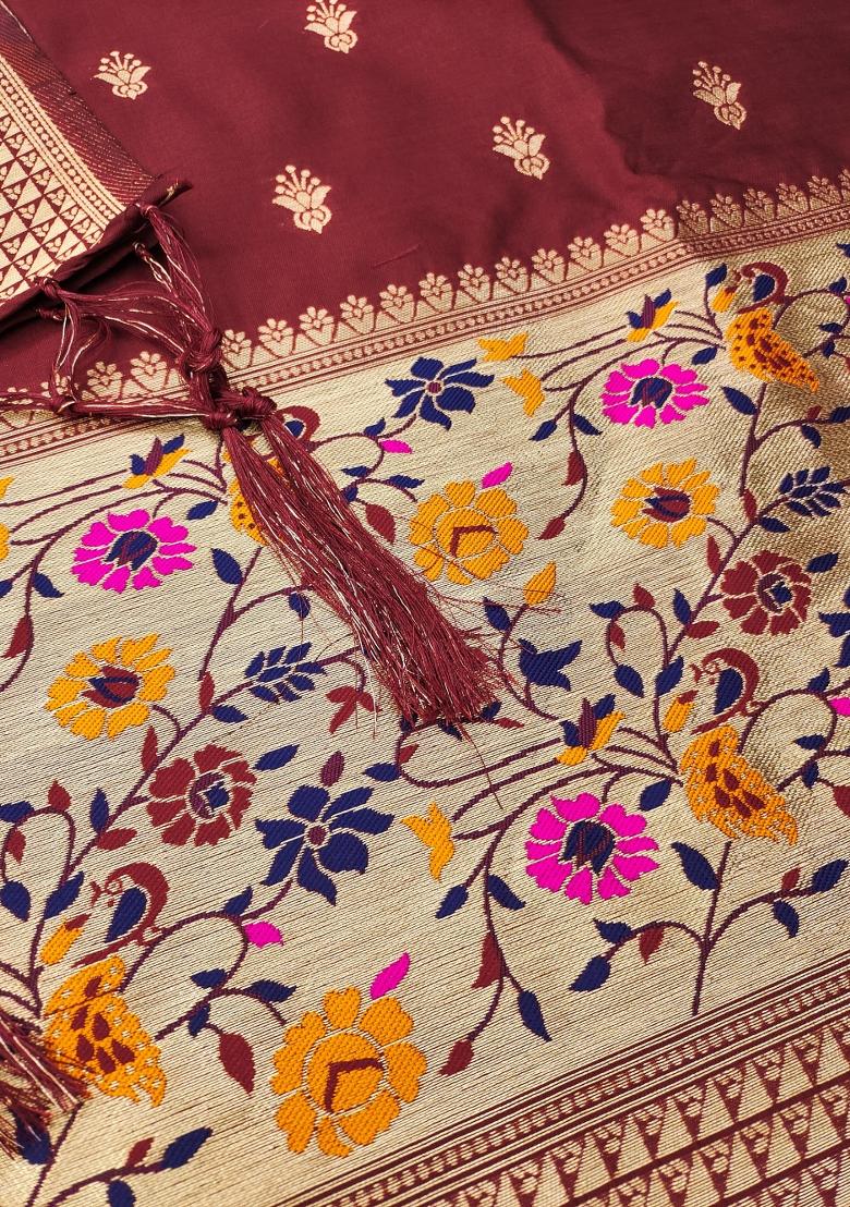 Maroon Woven Silk Dress Material - Indya