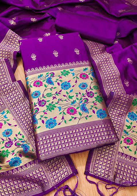 Purple Woven Silk Dress Material