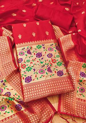 Red Woven Silk Dress Material