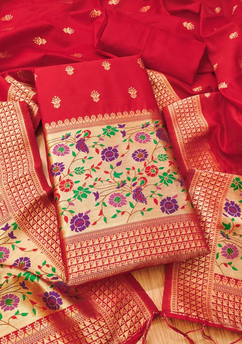 Red Woven Silk Dress Material