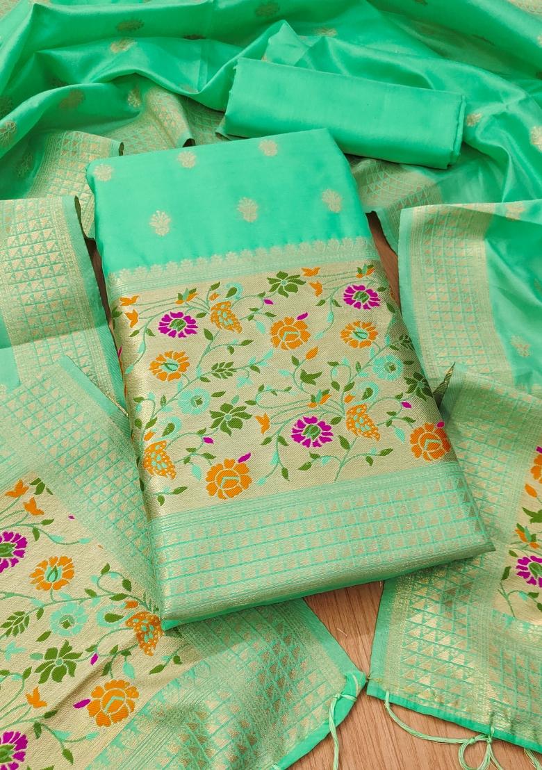 Sea Green Woven Silk Dress Material