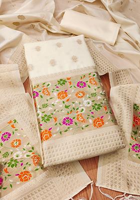 White Woven Silk Dress Material