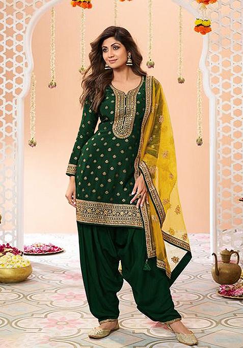 Green Embroidered Silk Palazzo Set With Dupatta