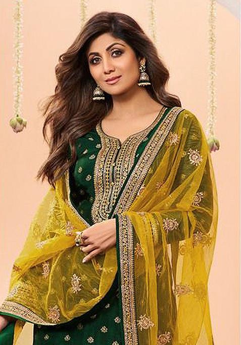 Green Embroidered Silk Palazzo Set With Dupatta