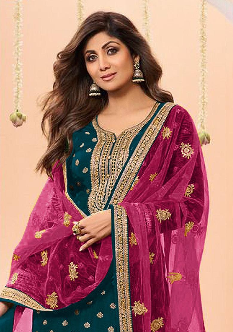 Rama Blue Embroidered Silk Palazzo Set