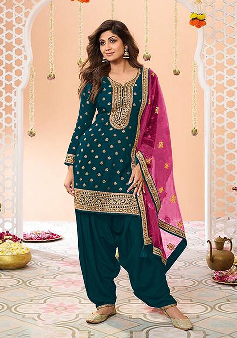 Rama Blue Embroidered Silk Palazzo Set With Dupatta