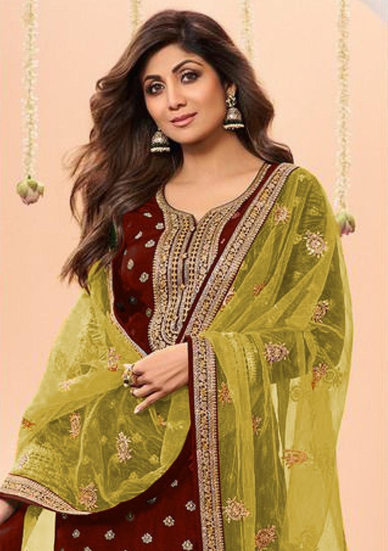 Maroon Embroidered Silk Palazzo Set