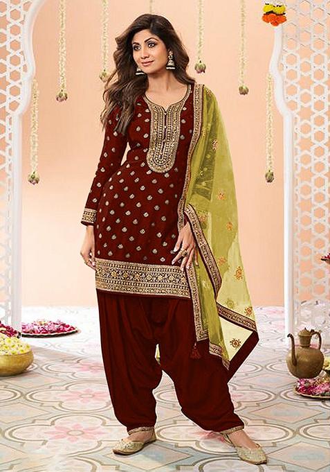 Maroon Embroidered Silk Palazzo Set With Dupatta