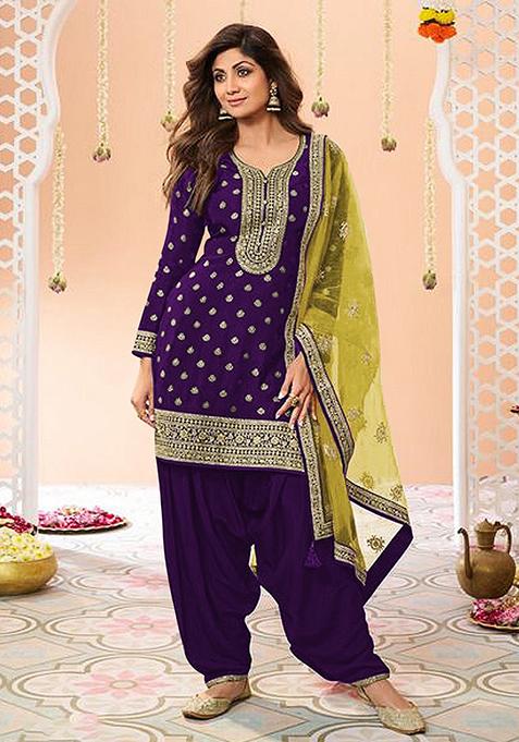 Purple Embroidered Silk Palazzo Set With Dupatta